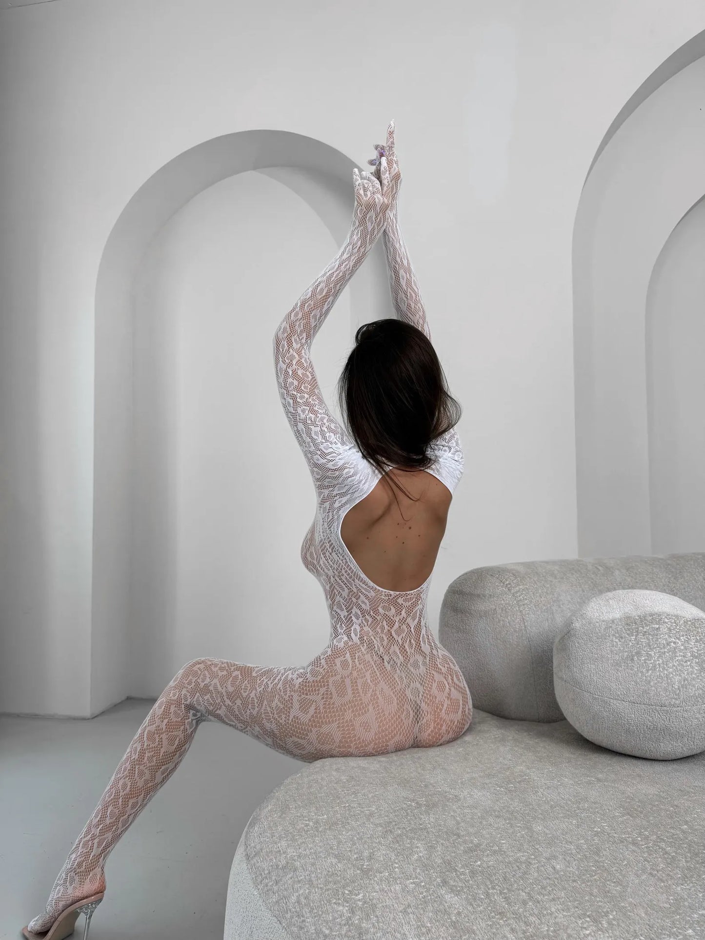 Lace Bodystocking Leopard Pattern Bodysuit Ouvert White Catsuit Women Lady