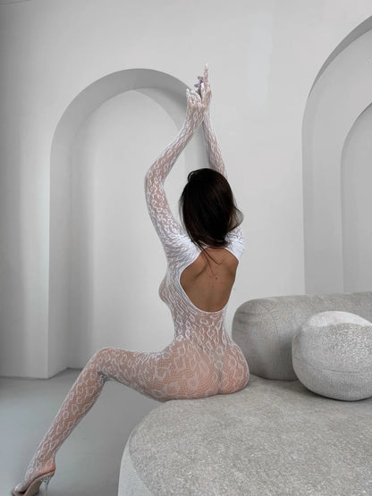 Lace Bodystocking Leopard Pattern Bodysuit Ouvert White Catsuit Women Lady