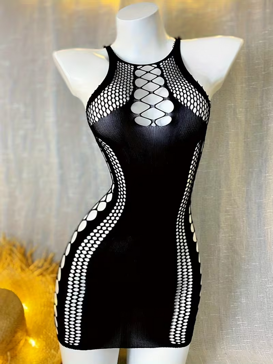 Sexy Black Mesh Backless Mini Dress