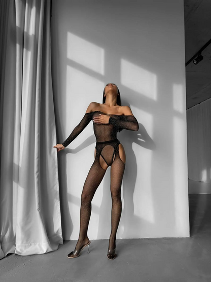 Sparkly Crystal Mesh Bodysuit & Stockings Set
