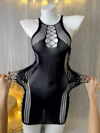 Sexy Black Mesh Backless Mini Dress